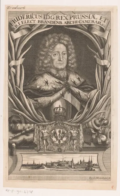 Portret van Frederik I, koning van Pruisen, met stadsgezicht