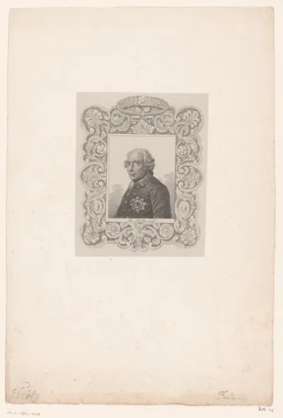 Portret van Frederik II van Pruisen in versierde lijst