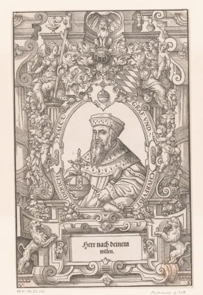 Portret van Frederik III van de Palts in een rolwerk omlijsting