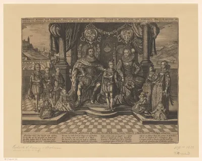 Portret van Frederik V, keurvorst van de Palts, koning van Bohemen en Elisabeth Stuart, keurvorstin van de Palts, koningin van Bohemen met hun gezin