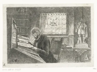 Portret van Frederik Verachter aan zijn bureau in het archief