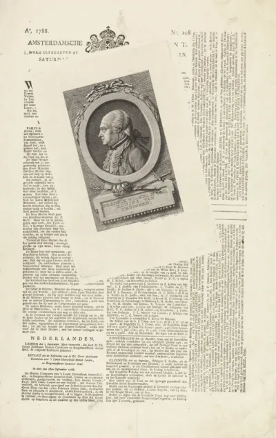 Portret van Frederik Willem II, koning van Pruisen op een krant gedrukt