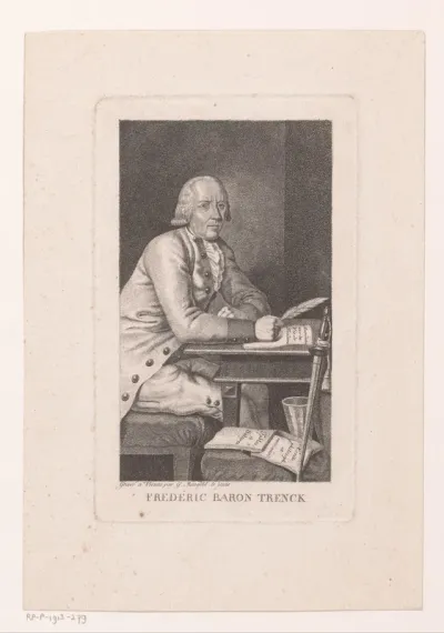 Portret van Friedrich von der Trenck, schrijvend aan tafel