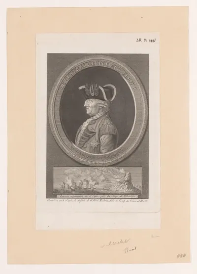 Portret van generaal George Elliott met Zeeslag bij Gibraltar