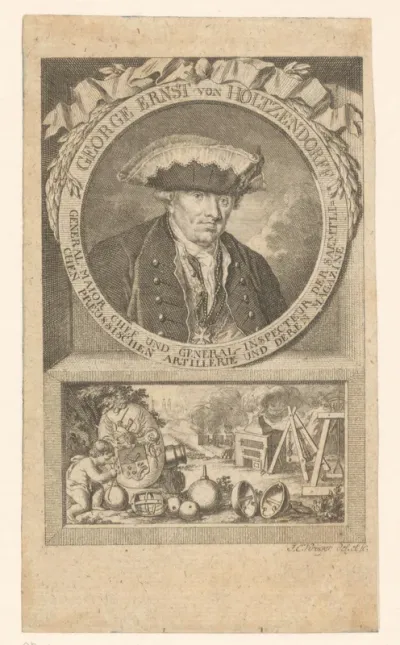Portret van Georg Ernst von Holtzendorf en voorstelling een putto bij artillerie