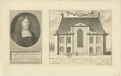 Portret van Georg Henri Petri en gezicht op de lutherse kerk van Zaandam