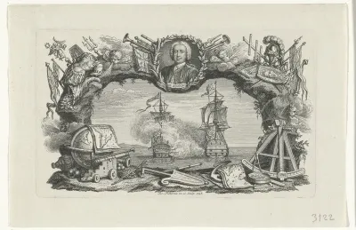 Portret van George Anson boven een zeeslag