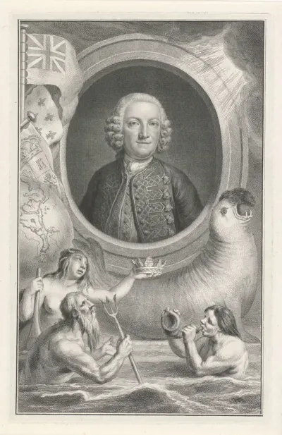 Portret van George Anson met allegorische figuren