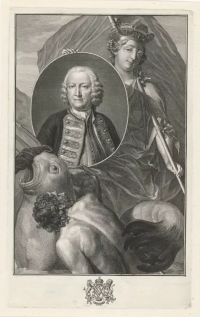 Portret van George Anson met allegorische figuur