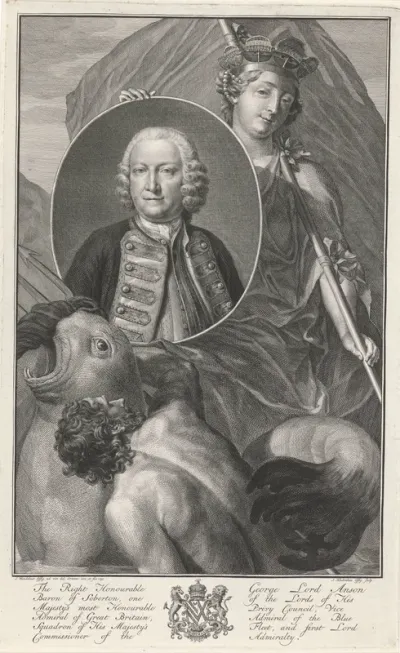 Portret van George Anson met allegorische figuur