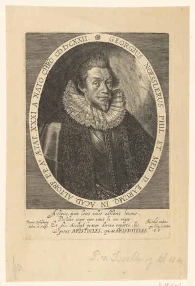 Portret van George Nössler op 31-jarige leeftijd in ovale medaillon