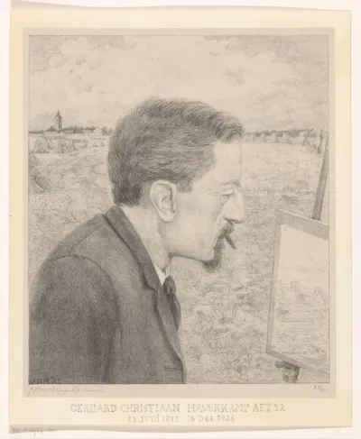Portret van Gerrit Haverkamp bij schildersezel