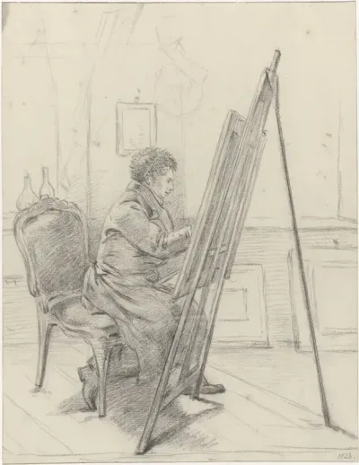 Portret van Gerrit Jan Michaëlis, zittend voor ezel in zijn atelier