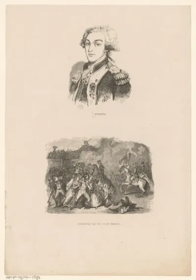Portret van Gilbert du Motier, markies de la Fayette, en de ontrolling van het rode vaandel