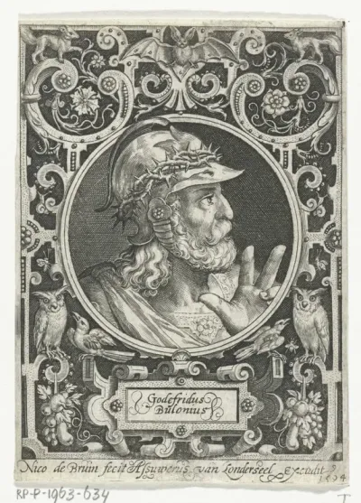 Portret van Godfried van Bouillon in medaillon binnen rechthoekige omlijsting met ornamenten