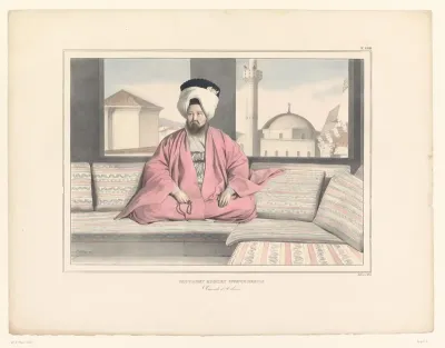 Portret van gouveneur Mouhamet Ruscien Effendi Dervis zittend op een bank voor een raam