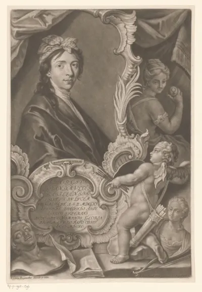 Portret van Gregorius Brandmüller in schilderijlijst, omringd door Venus, Cupido en het portret van zijn vrouw