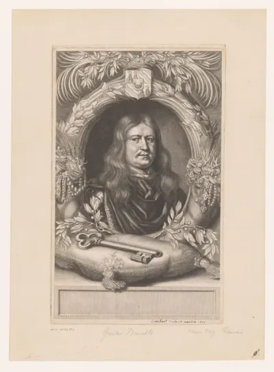 Portret van Gustaf Bonde in versierde lijst met sleutel