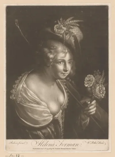 Portret van Helena Fourment als herderin met bloemen, staf en decolleté