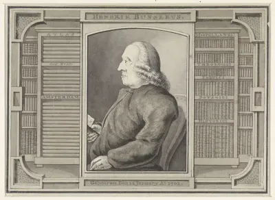Portret van Hendrik Busserus, omlijst met boekenkasten