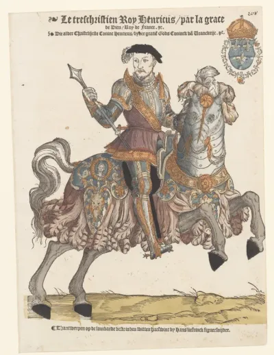 Portret van Hendrik II van Frankrijk in harnas te paard, naar rechts