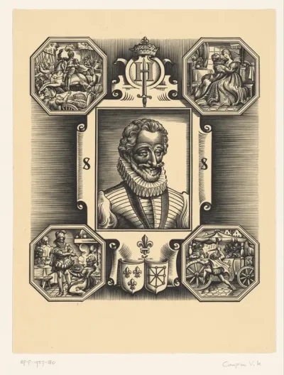 Portret van Hendrik IV omringd door scènes uit zijn leven