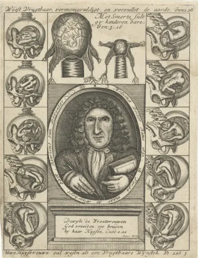 Portret van Hendrik van Deventer en anatomische tekeningen van baarmoeders met foetus