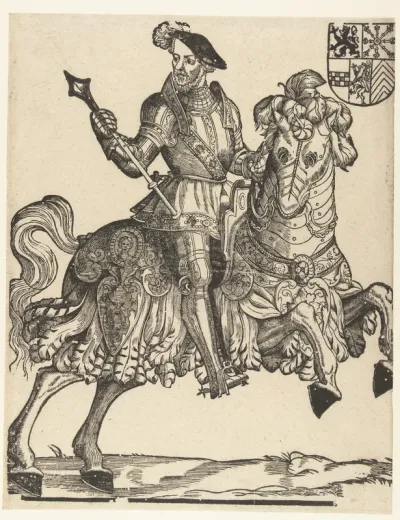 Portret van hertog Willem van Kleef, Gulik en Berg, graaf van Mark, heer van Ravenstein te paard