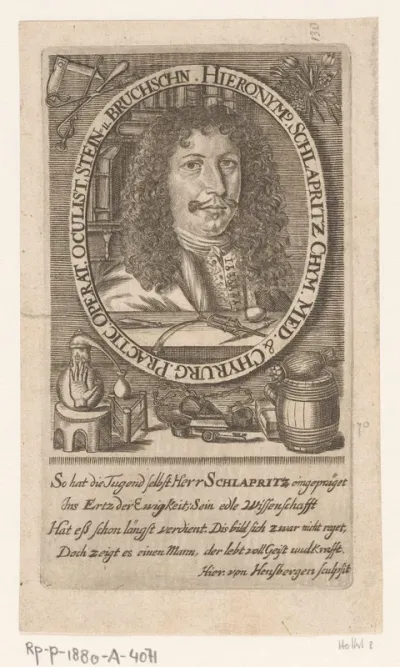Portret van Hieronymus Schlapriz omgeven door medische instrumenten