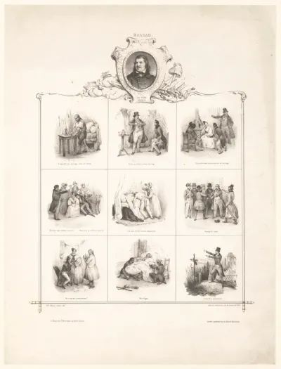 Portret van Honoré de Balzac en negen voorstellingen uit zijn werken