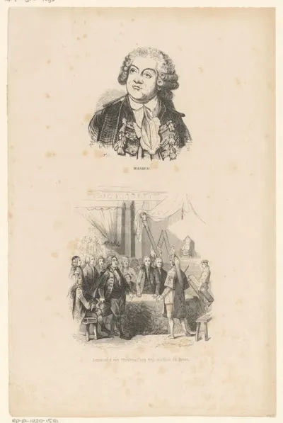 Portret van Honoré-Gabriel de Riqueti, graaf van Mirabeau, en het antwoord van de graaf van Mirabeau aan de markies van Dreux-Brézé op 23 juni 1789