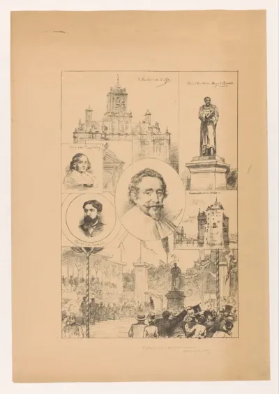 Portret van Hugo de Groot met voor hem belangrijke plaatsen en figuren