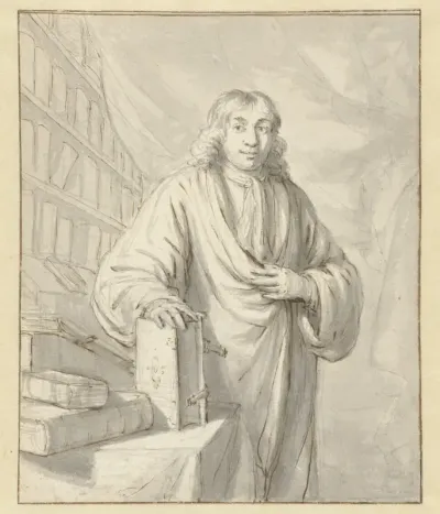 Portret van Hugo van der Helst, staand in zijn bibliotheek