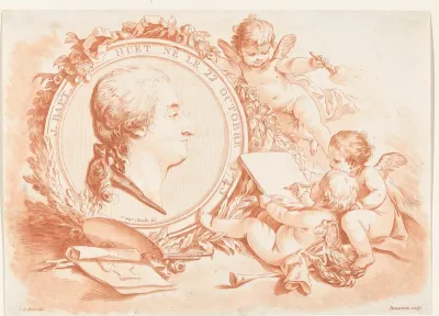 Portret van J.B. Huet op medaillon, putti en gereedschappen van kunstenaar