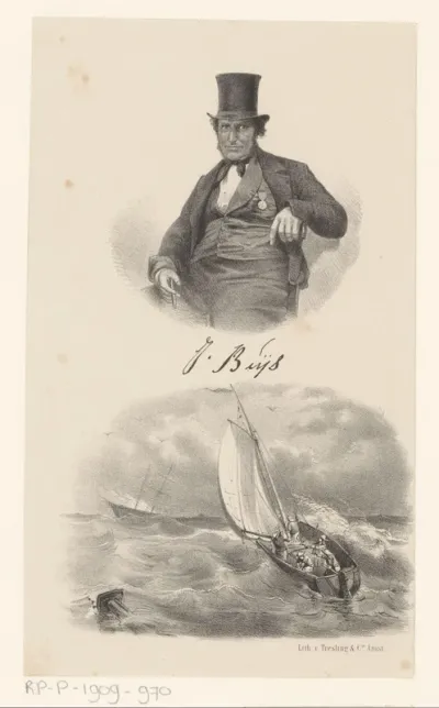Portret van J. Buijs en een zeilboot op zee