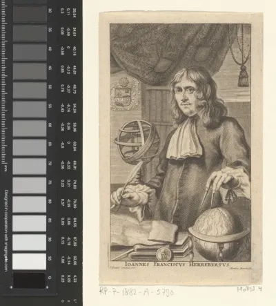 Portret van J.F. Herrebertus staande met pen en papier in de hand bij een globe. In het marge: Ioannes Franciscvs Herrebertv, links: I.I. van Opstal del.: rechts: Ma.. Bouché feci