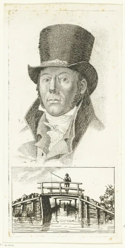 Portret van Jacob Ernst Marcus met hoge hoed; hieronder een hengelaar op een brug