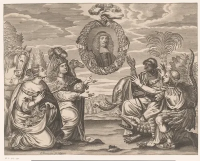 Portret van Jacques Tuboeuf in een guirlande, omringd door de vier werelddelen