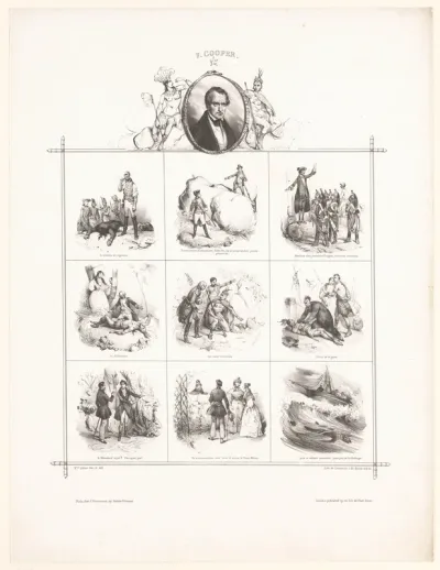 Portret van James Fenimore Cooper en negen voorstellingen uit zijn werken