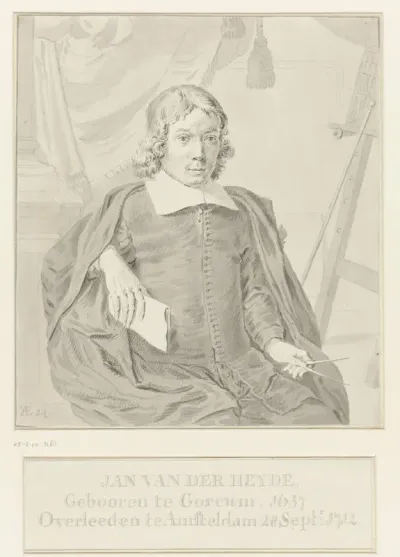 Portret van Jan van der Heyden, zittend met passer