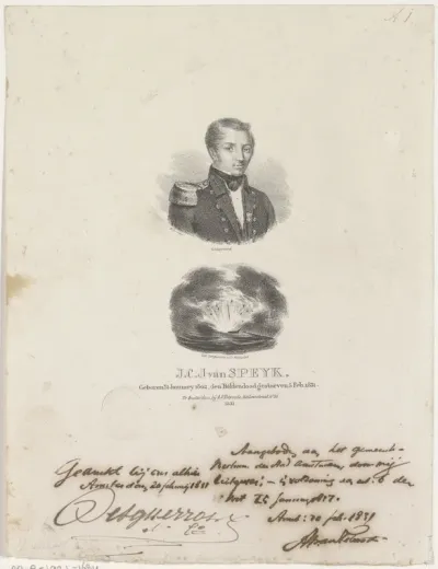 Portret van Jan van Speyk en de ontploffing van zijn schip