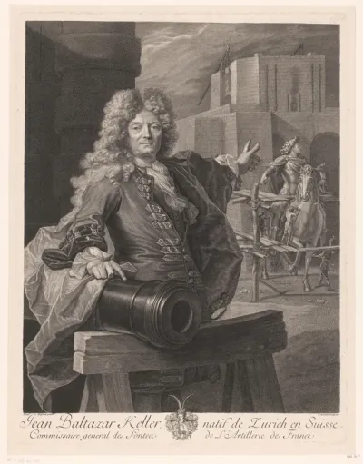 Portret van Jean-Balthazar Keller aan een kanon, wijzend naar een ruiterstandbeeld van Lodewijk XIV van Frankrijk