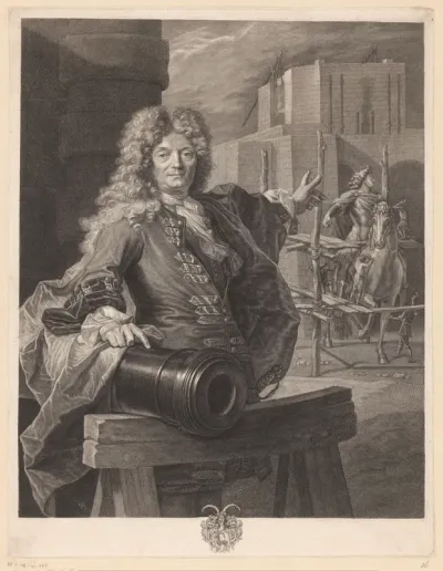 Portret van Jean-Balthazar Keller aan een kanon, wijzend naar een ruiterstandbeeld van Lodewijk XIV van Frankrijk