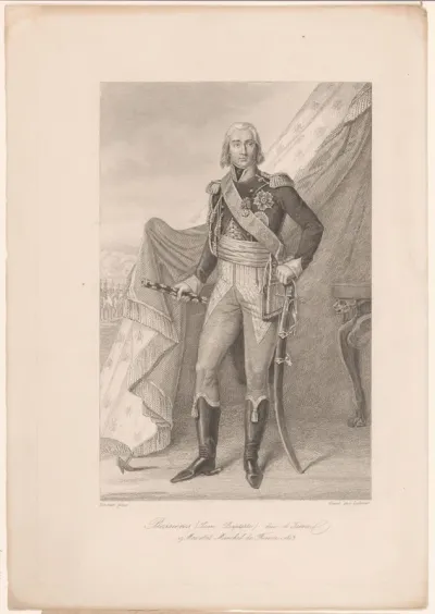 Portret van Jean-Baptiste Bessières aan een tent