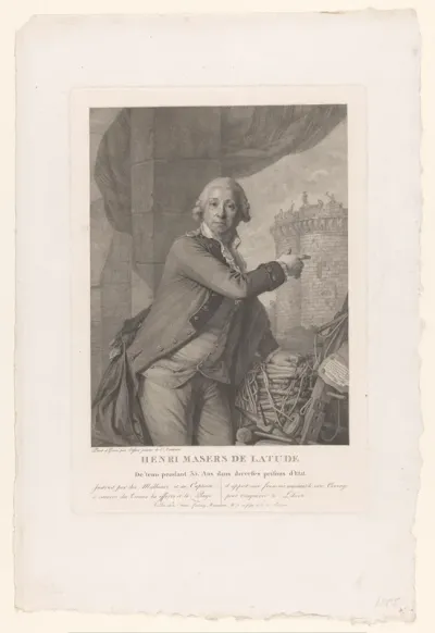 Portret van Jean Henri Latude wijzend naar de Bastille op de achtergrond, een touwladder onder zijn linkerhand