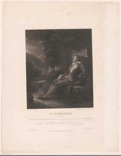 Portret van Jean-Jacques Rousseau, gezeten in een tuin