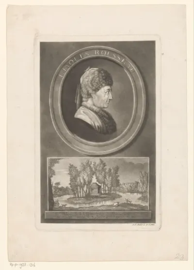 Portret van Jean-Jacques Rousseau met onder zijn graftombe in een landschap