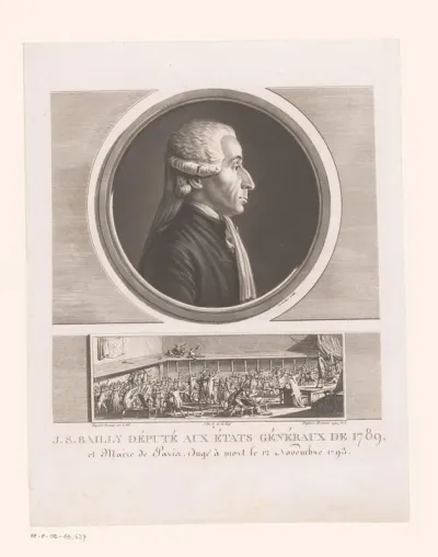 Portret van Jean Sylvain Bailly boven een afbeelding van de Eed op de Kaatsbaan
