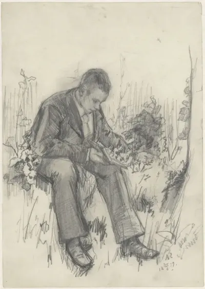 Portret van Johan de Meester, een boek lezend in een tuin