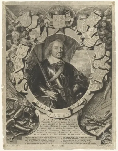 Portret van Johan Maurits, vorst van Nassau-Siegen, in ovale omlijsting met wapenschilden en wapenrusting